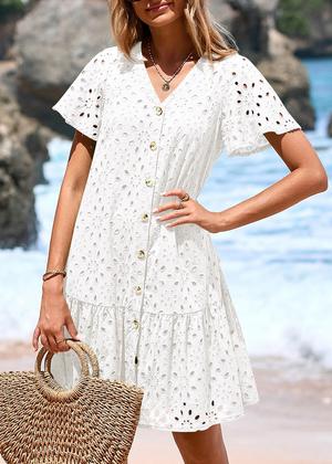 Imagem de Vestido de verão KIRUNDO 2025 com botões e decote em V, renda, branco, XL