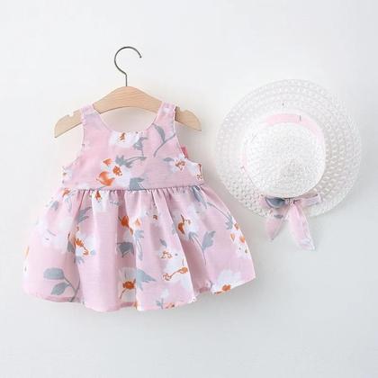 Imagem de Vestido e Chapéu de Algodão para Bebê Menina - Conjunto Casual de Verão com Arco Grande