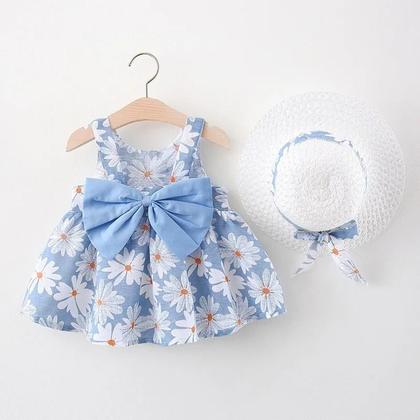 Imagem de Vestido e Chapéu de Algodão para Bebê Menina - Conjunto Casual de Verão com Arco Grande