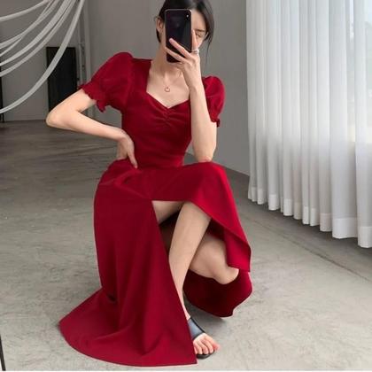 Imagem de Vestido Elegante Com Decote Em V E Mangas Bufantes Para Mulheres, Vestido De Festa Com Cintura Alta
