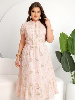 Imagem de Vestido Elegante Midi Gola Alta Manga Princesa Curta Bordado Algodão Cor:RosêTamanho:G