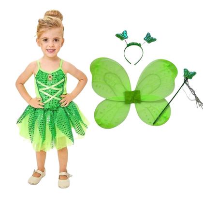 Imagem de Vestido Fantasia Infantil Tinkerbell Fada Fadinha Sininho + KIT Tiara Varinha Asa