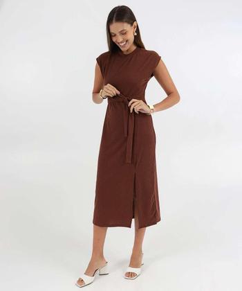 Imagem de Vestido Feminino Canelado Midi Fenda Marisa Marrom-27029