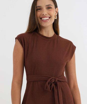Imagem de Vestido Feminino Canelado Midi Fenda Marisa Marrom-27029