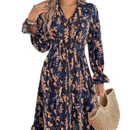 Imagem de Vestido Feminino Com Estampa Floral, Decote Em V, Manga Comprida, Babados, Linha A, Elegante,
