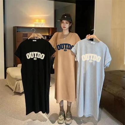 Imagem de Vestido Feminino Coreano Solto Casual De Manga Curta Com Estampa De Letras Fofa E Gola Redonda,