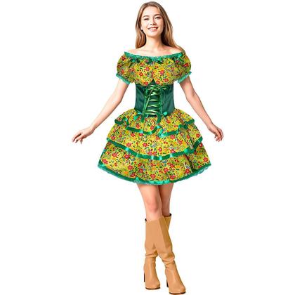 Imagem de Vestido Feminino de Festa Junina Caipira Adulta Xadrez de Luxo Rodado Com Espartilho