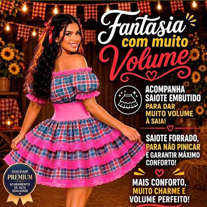 Imagem de Vestido Feminino de Festa Junina Luxo Xadrez Super Rodado Acinturado Com Espartilho Tamanhos do 32 a 50