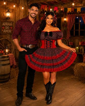Imagem de Vestido Feminino de Festa Junina Luxo Xadrez Super Rodado Acinturado Com Espartilho Tamanhos do 32 a 50