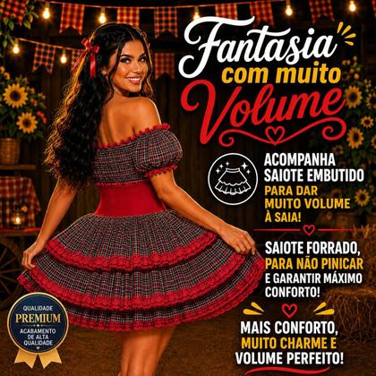 Imagem de Vestido Feminino de Festa Junina Luxo Xadrez Super Rodado Acinturado Com Espartilho Tamanhos do 32 a 50