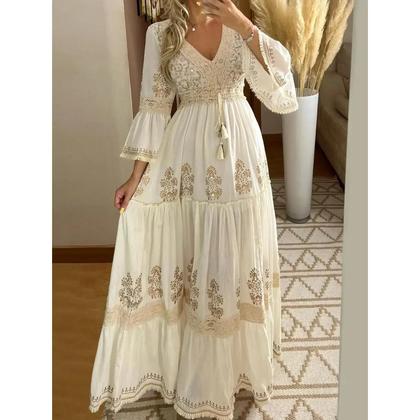 Imagem de Vestido Feminino Elegante Branco Com Decote Em V, Manga Flare, Plissado, Estilo A-Line, Vintage