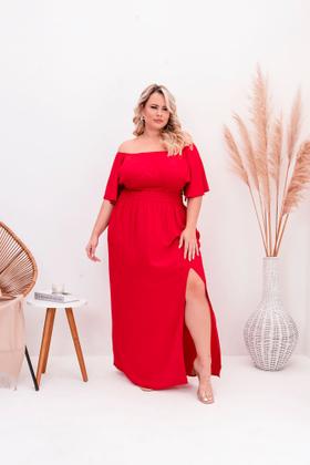 Imagem de Vestido feminino festa natal Plus size longo vermelho com fenda manga godê ajustável e confortável