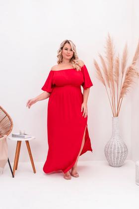 Imagem de Vestido feminino festa natal Plus size longo vermelho com fenda manga godê ajustável e confortável