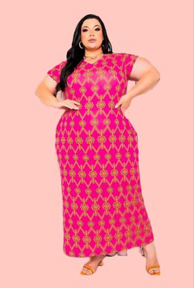 Imagem de Vestido Feminino Longo Plus Size De Manga Com Gola V em Viscolycra Estampas Variadas