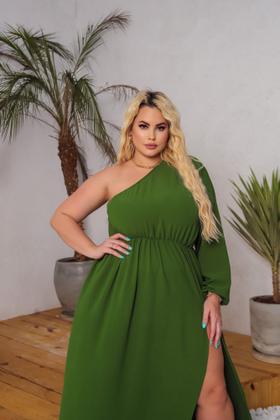 Imagem de Vestido Feminino Longo Plus Size Verde Musgo Madrinha Casamento Convidada Manga Mula Festa