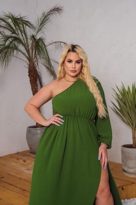 Imagem de Vestido Feminino Longo Plus Size Verde Musgo Madrinha Casamento Convidada Manga Mula Festa