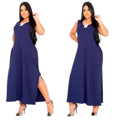 Imagem de Vestido Feminino Longo  Regata Com Bolso Plus Size Moda Despojada Mullet tendencia Fenda Lateral