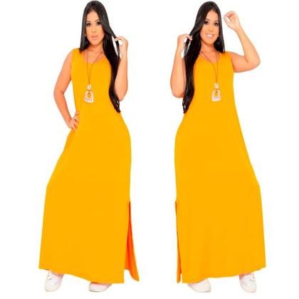 Imagem de Vestido Feminino Longo  Regata Com Bolso Plus Size Moda Despojada Mullet tendencia Fenda Lateral