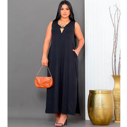 Imagem de Vestido Feminino Longo  Regata Com Bolso Plus Size Moda Despojada Mullet tendencia Fenda Lateral