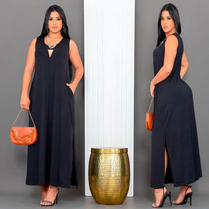 Imagem de Vestido Feminino Longo  Regata Com Bolso Plus Size Moda Despojada Mullet tendencia Fenda Lateral