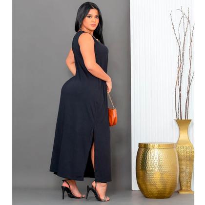 Imagem de Vestido Feminino Longo  Regata Com Bolso Plus Size Moda Despojada Mullet tendencia Fenda Lateral