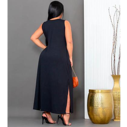 Imagem de Vestido Feminino Longo  Regata Com Bolso Plus Size Moda Despojada Mullet tendencia Fenda Lateral