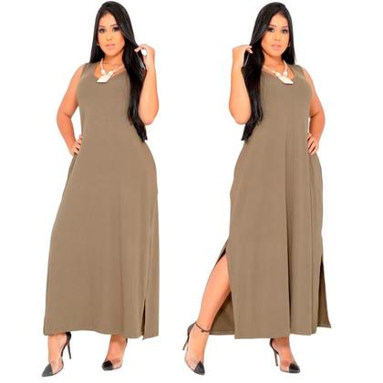 Imagem de Vestido Feminino Longo  Regata Com Bolso Plus Size Moda Despojada Mullet tendencia Fenda Lateral