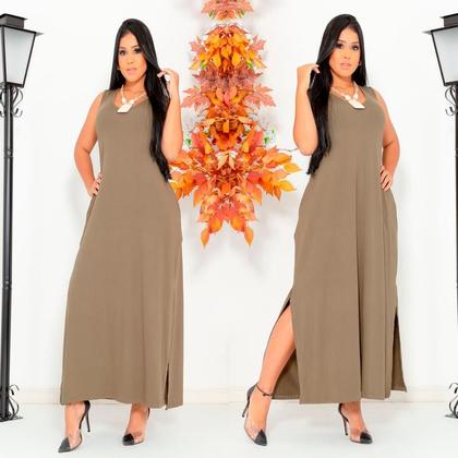 Imagem de Vestido Feminino Longo  Regata Com Bolso Plus Size Moda Despojada Mullet tendencia Fenda Lateral