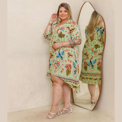 Imagem de Vestido Feminino Manga 3.4 Chamise Gola V Plus Size