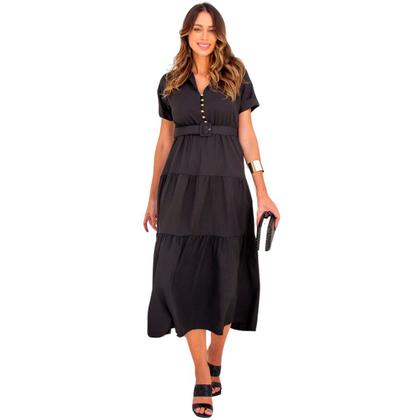 Imagem de Vestido feminino manga curta midi com cinto e saia evase em crepe elegante com forro