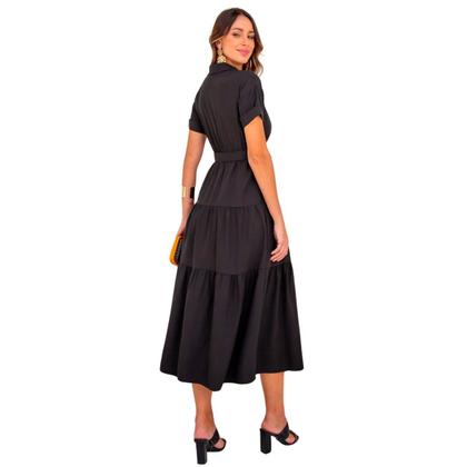 Imagem de Vestido feminino manga curta midi com cinto e saia evase em crepe elegante com forro