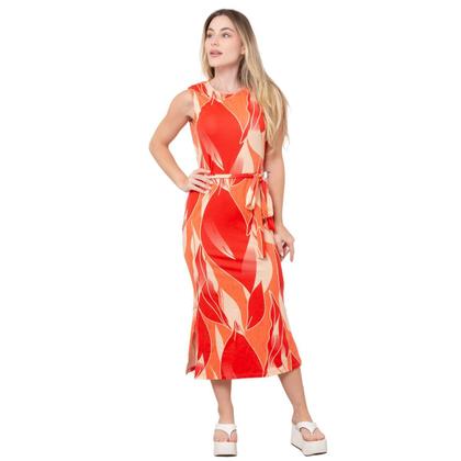 Imagem de Vestido Feminino Midi com Fenda Lateral Geométrico Laranja