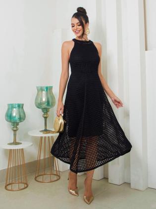 Imagem de Vestido Feminino midi de bico rendado tricô crochê forrado linha premium festa casuais verão