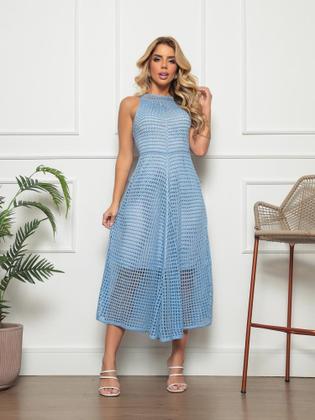 Imagem de Vestido Feminino midi de bico rendado tricô crochê forrado linha premium festa casuais verão