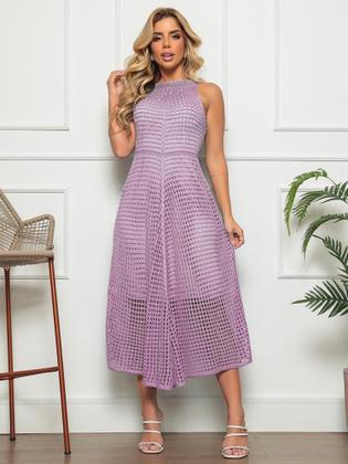 Imagem de Vestido Feminino midi de bico rendado tricô crochê forrado linha premium festa casuais verão