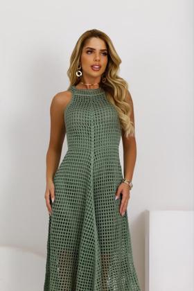 Imagem de Vestido Feminino midi de bico rendado tricô crochê forrado linha premium festa casuais verão