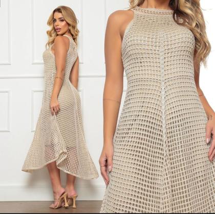 Imagem de Vestido Feminino midi de bico rendado tricô crochê forrado linha premium festa casuais verão