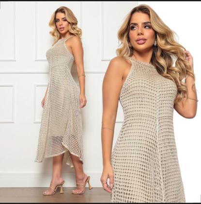 Imagem de Vestido Feminino midi de bico rendado tricô crochê forrado linha premium festa casuais verão