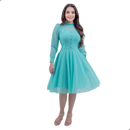 Imagem de Vestido Feminino Midi de Festa Social Rodado Mangas Longa Acinturado Moda Evangelica Gola Redonda Botões na Parte da Fr