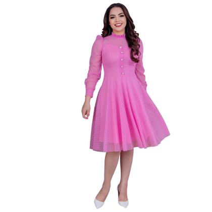 Imagem de Vestido Feminino Midi de Festa Social Rodado Mangas Longa Acinturado Moda Evangelica Gola Redonda Botões na Parte da Fr