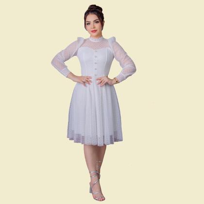 Imagem de Vestido Feminino Midi de Festa Social Rodado Mangas Longa Acinturado Moda Evangelica Gola Redonda Botões na Parte da Fr