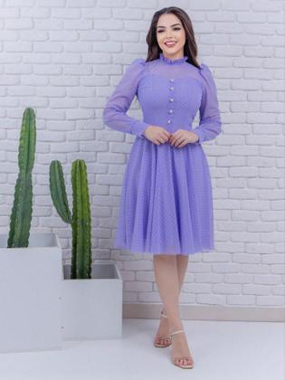 Imagem de Vestido Feminino Midi de Festa Social Rodado Mangas Longa Acinturado Moda Evangelica Gola Redonda Botões na Parte da Fr