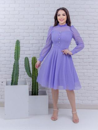 Imagem de Vestido Feminino Midi de Festa Social Rodado Mangas Longa Acinturado Moda Evangelica Gola Redonda Botões na Parte da Fr