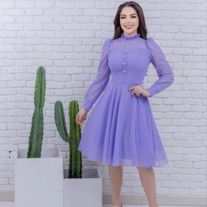 Imagem de Vestido Feminino Midi de Festa Social Rodado Mangas Longa Acinturado Moda Evangelica Gola Redonda Botões na Parte da Fr