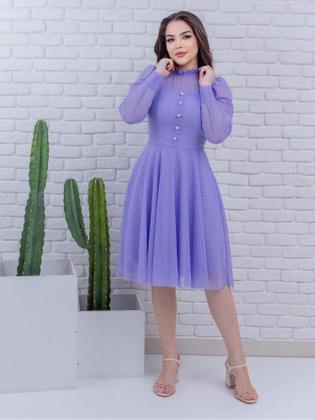 Imagem de Vestido Feminino Midi de Festa Social Rodado Mangas Longa Acinturado Moda Evangelica Gola Redonda Botões na Parte da Fr