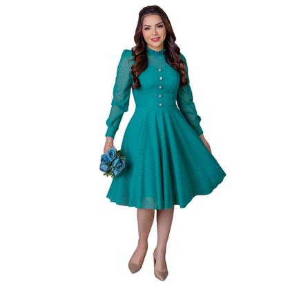 Imagem de Vestido Feminino Midi de Festa Social Rodado Mangas Longa Acinturado Moda Evangelica Gola Redonda Botões na Parte da Fr