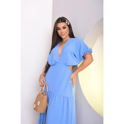 Imagem de Vestido Feminino Midi Longo Decotão Azul Céu Elegante Verão