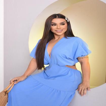 Imagem de Vestido Feminino Midi Longo Decotão Azul Céu Elegante Verão