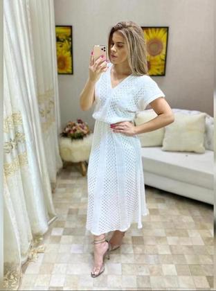 Imagem de Vestido Feminino Midi Manga Curta Trico Fio Raion Evase Decote V Moda Evangelica