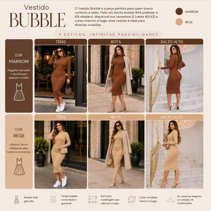 Imagem de Vestido Feminino Midi Tubinho Manga Longa Canelado Bubble Elegância Tendência